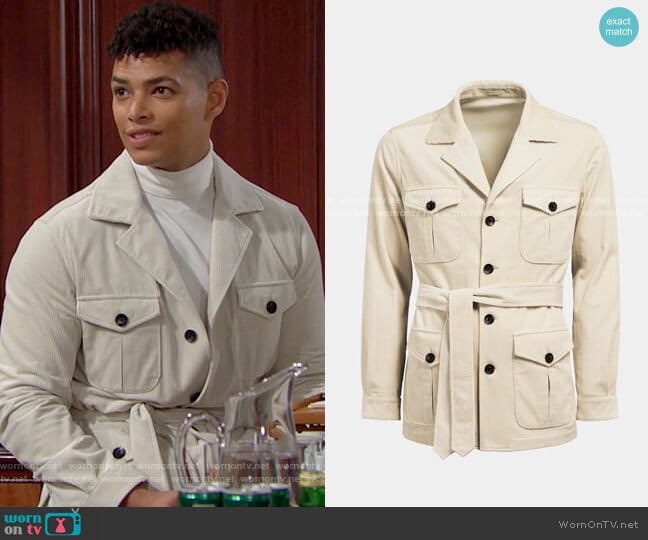 Suitsupply Off White Belted Safari Jacket worn by Zende Forrester Dominguez (Delon De Metz) on The Bold and the Beautiful