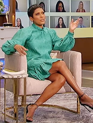 Tamron’s green mock neck textured dress on Tamron Hall Show