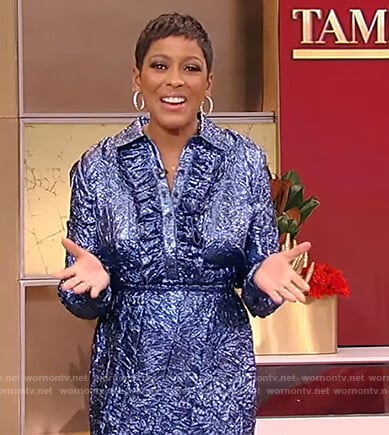 Tamron’s blue metallic foil blouse and skirt on Tamron Hall Show