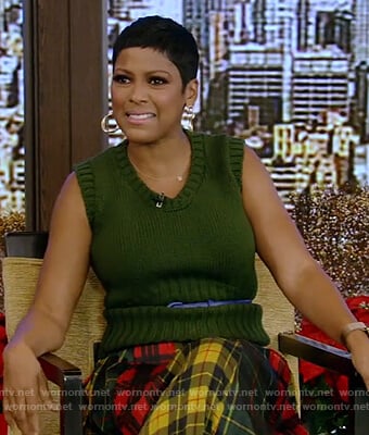 Tamron’s multicolored plaid skirt on Live with Kelly and Ryan