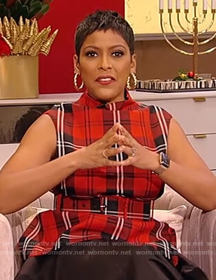 Tamron’s red plaid belted top on Tamron Hall Show