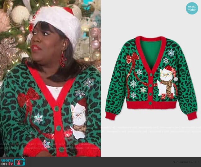 33 Degrees Cat Holiday Cardigan Sweater worn by Sheryl Underwood on The Talk
