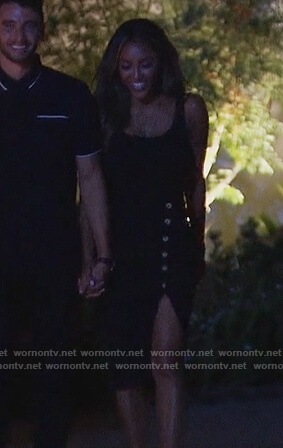 Tayshia’s black side button dress and heals on The Bachelorette