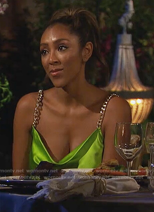 Tayshia’s lime chain strap mini dress on The Bachelorette