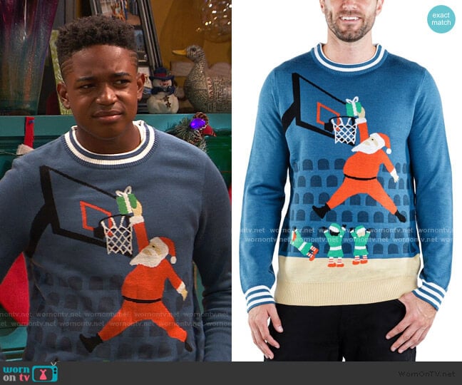 Tipsy Elves Jingle Baller Ugly Christmas Sweater worn by Booker Baxter (Issac Ryan Brown) on Ravens Home