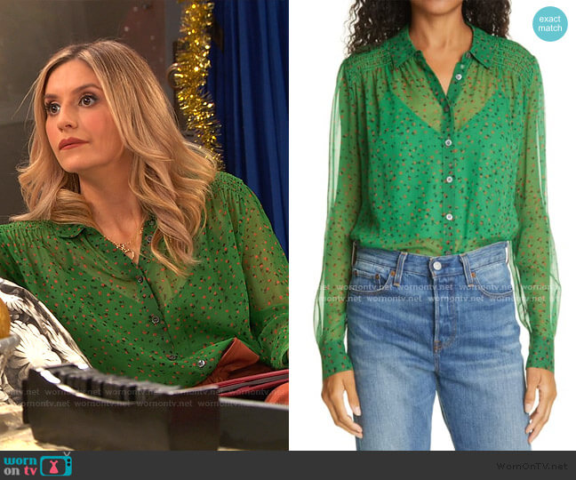 Veronica Beard Dazed Silk Chiffon Shirt worn by Chelsea Grayson (Anneliese van der Pol) on Ravens Home