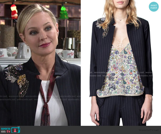 Zadig & Voltaire Vollys Pinstripe Embellished Jacket worn by Sharon Newman (Sharon Case) on The Young and the Restless