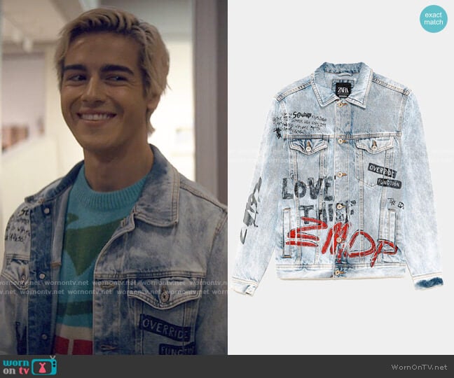 Zara Graffiti-covered denim jacket worn by Shane (Brennan Clost) on Tiny Pretty Things