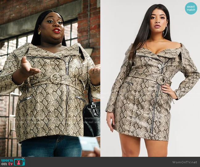 Asos Curve Premium Snake PU Belted Mini Dress worn by Mo (Alex Newell) on Zoeys Extraordinary Playlist