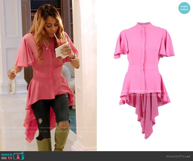 Alexander McQueen High-Low Silk Blouse worn by Mary Cosby on The Real Housewives of Salt Lake City