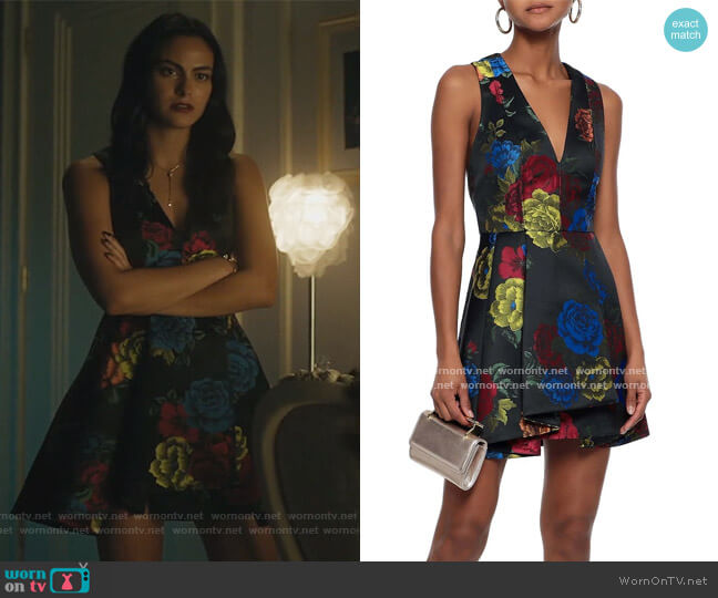 Alice + Olivia Tanner pleated floral-jacquard mini dress worn by Veronica Lodge (Camila Mendes) on Riverdale