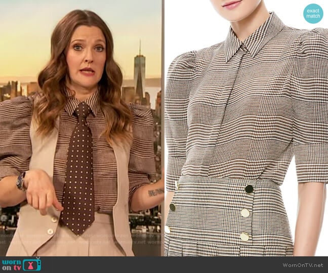 Alice + Olivia Will Prince Of Wales Check Puff-Sleeve Silk-Blend Blouse worn by Drew Barrymore on The Drew Barrymore Show