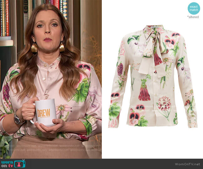 Alister Mackie Annotated floral-print silk-twill shirt worn by Drew Barrymore on The Drew Barrymore Show