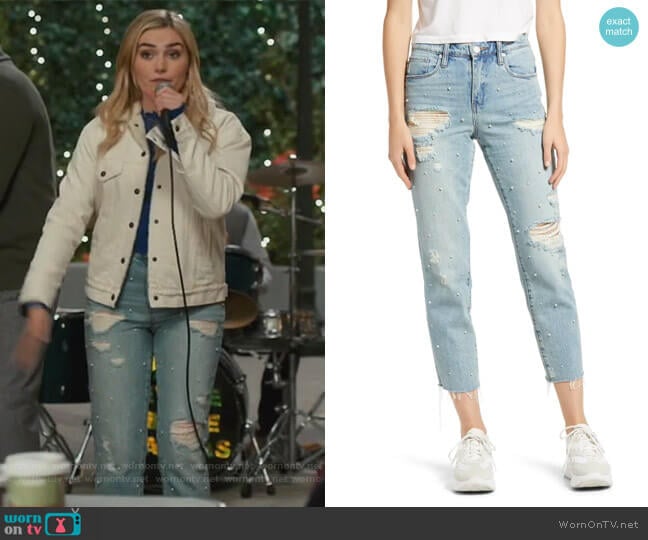 Blank NYC Imitation Pearl Ripped High Waist Raw Hem Crop Jeans worn by Taylor Otto (Meg Donnelly) on American Housewife