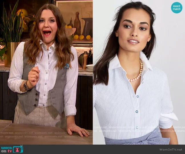 Brooks Brothers Non-Iron Striped Supima Cotton Dobby Contrast-Collar Fitted Shirt worn by Drew Barrymore on The Drew Barrymore Show