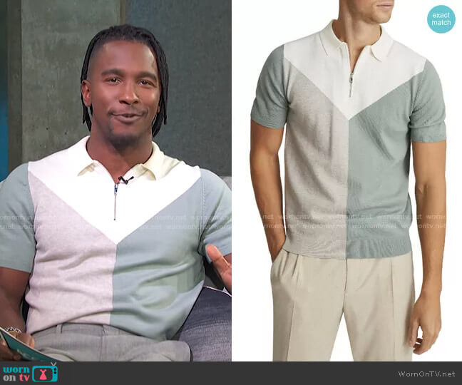 Reiss Butler Colorblock Wool Blend Zip Polo in Sage worn by Scott Evans on Access Hollywood