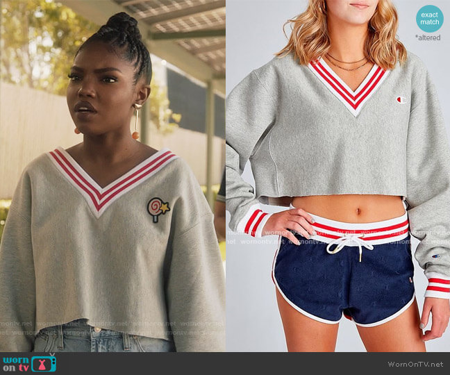 Champion Yarn Dye Stripe Rib Cropped V-Neck worn by Jillian (Ryan Destiny) on Grown-ish