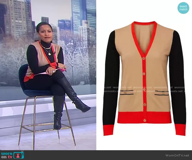 Tory Burch Colorblock Madeline Cardigan worn by Sheinelle Jones on Today