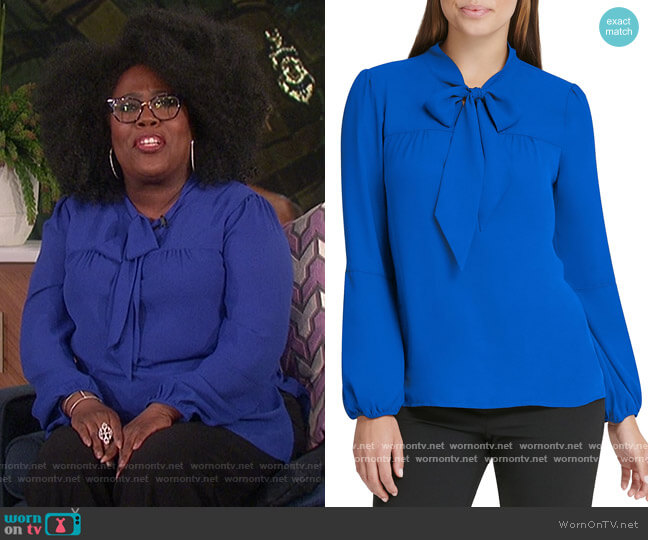 DKNY Long Puff Sleeve Tie Neck Blouse worn by Sheryl Underwood on The Talk