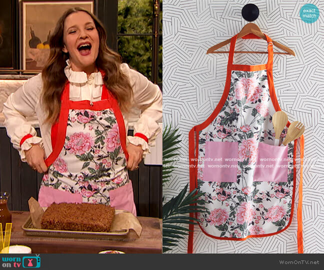 Drew Barrymore Flower Home Vintage Floral Apron worn by Drew Barrymore on The Drew Barrymore Show