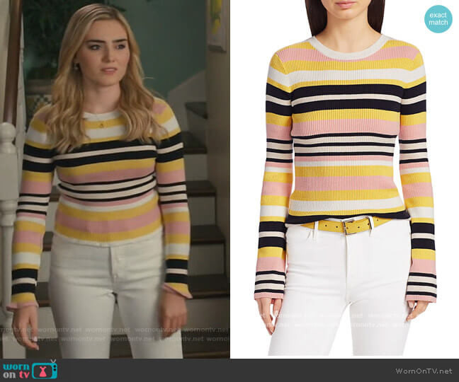 Frame Baja Stripe Cotton & Cashmere Rib-Knit Sweater worn by Taylor Otto (Meg Donnelly) on American Housewife