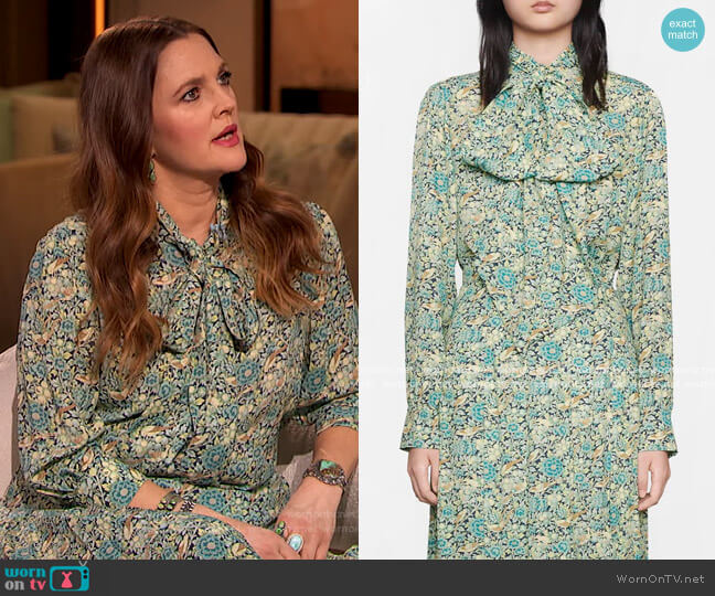 Gucci Liberty floral print blouse worn by Drew Barrymore on The Drew Barrymore Show