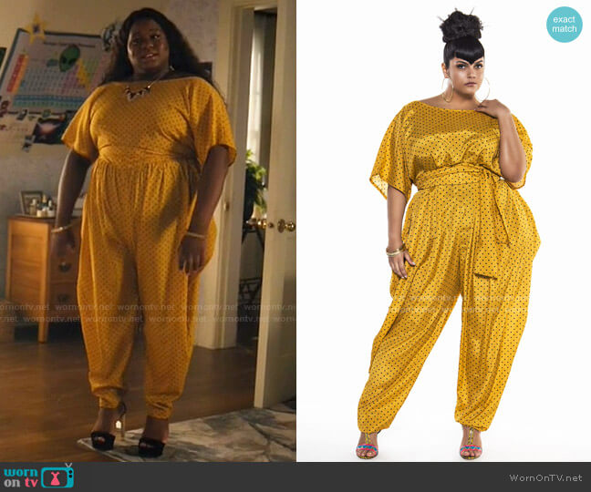 Jibri Polka Dot Boat Bat Sleeved Slouch Jumpsuit worn by Mo (Alex Newell) on Zoeys Extraordinary Playlist