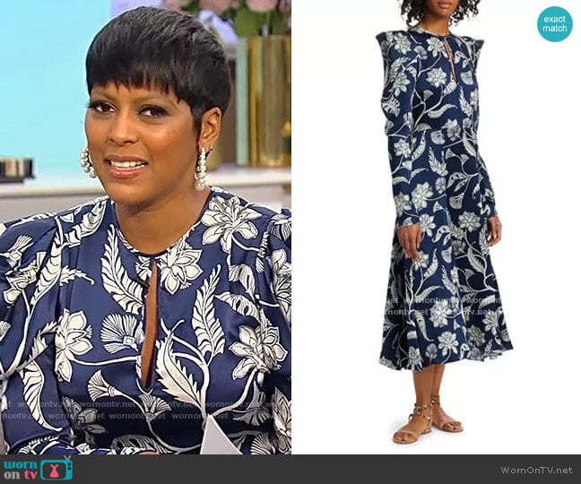 Johanna Ortiz Wild Blue Wonder Silk Puff-Sleeve Midi Dress worn by Tamron Hall on Tamron Hall Show