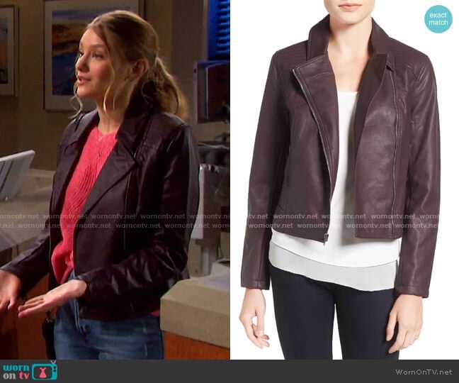 Cupcakes and Cashmere Joslyn Faux Leather Moto Jacket in Oxblood worn by Alice Caroline Horton (Lindsay Arnold) on Days of our Lives