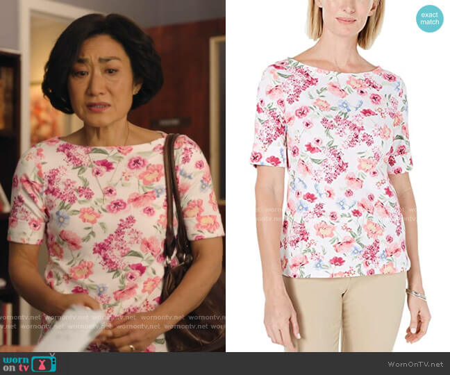 Karen Scott Floral-Print T-Shirt worn by Mrs Kim (Jean Yoon) on Kims Convenience