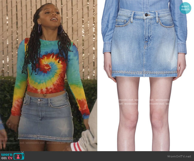 Frame Le Mini Star Print Stud Denim Skirt worn by Jazlyn Forster (Chloe Bailey) on Grown-ish