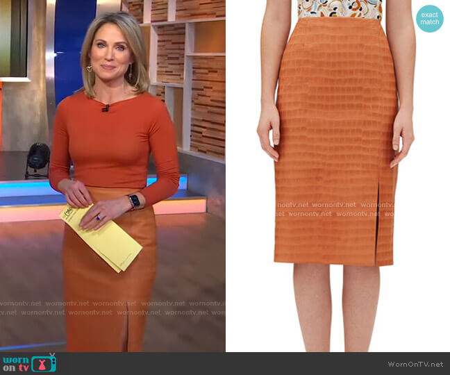 Lafayette 148 New York Esma Etched Croco Leather Skirt worn by Amy Robach on Good Morning America