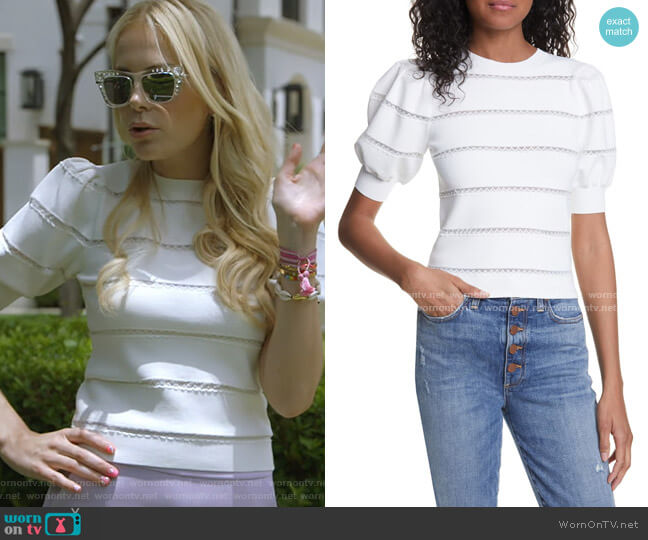 Alice + Olivia Lavona Lace Inset Sweater worn by Kameron Westcott on The Real Housewives of Dallas