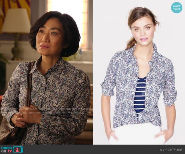 J.Crew Liberty Perfect Shirt in Junes Meadow Floral worn by Mrs Kim (Jean Yoon) on Kims Convenience