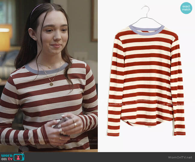 Madewell Whisper Cotton Rib-Crewneck Long-Sleeve Tee in Canarsie Stripe worn by Grace (Ruby Jay) on The Unicorn