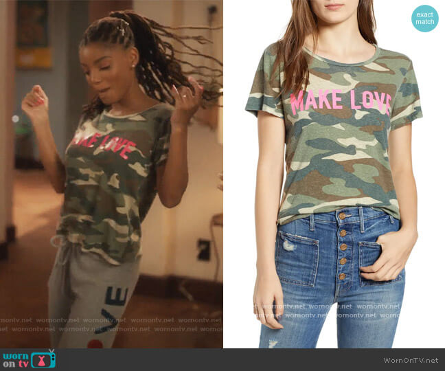 Mother Make Love Camo Linen & Cotton Tee worn by Skylar Forster (Halle Bailey) on Grown-ish