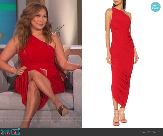 Norma Kamali Diana jersey one-shoulder midi dress worn by Carrie Inaba on The Talk