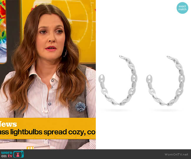 Paco Rabanne Eight Nano hoop earrings worn by Drew Barrymore on The Drew Barrymore Show
