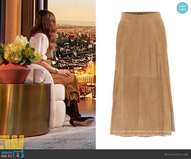 Ralph Lauren Suede midi skirt worn by Drew Barrymore on The Drew Barrymore Show