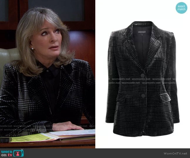 Emporio Armani Printed-Velvet Plaid Jacket worn by Marlena Evans (Deidre Hall) on Days of our Lives