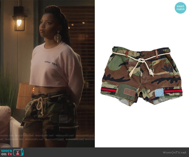 Raceway Camo Shorts worn by Jazlyn Forster (Chloe Bailey) on Grown-ish
