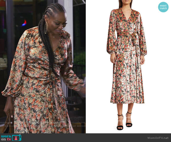 Rotate by Birger Christensen Beatrix Floral Print Velvet Wrap-dress worn by Cynthia Bailey on The Real Housewives of Atlanta