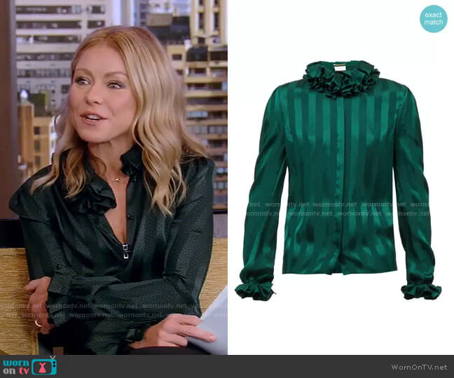 Saint Laurent Ruffled striped silk-satin blouse worn by Kelly Ripa on Live with Kelly and Mark