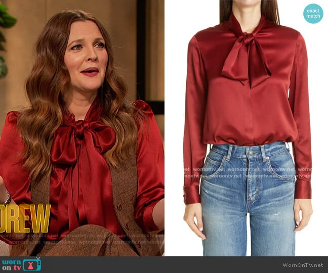 Saint Laurent Tie Neck Silk Satin Blouse worn by Drew Barrymore on The Drew Barrymore Show