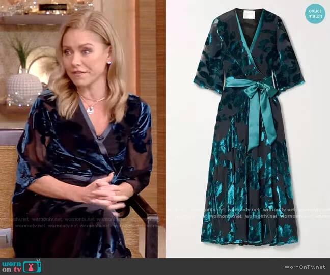Galvan Satin-trimmed devoré-velvet wrap midi dress worn by Kelly Ripa on Live with Kelly and Mark