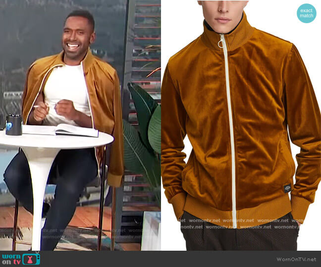 Scotch and Soda Velour Track Jacket worn by Justin Sylvester on E! News