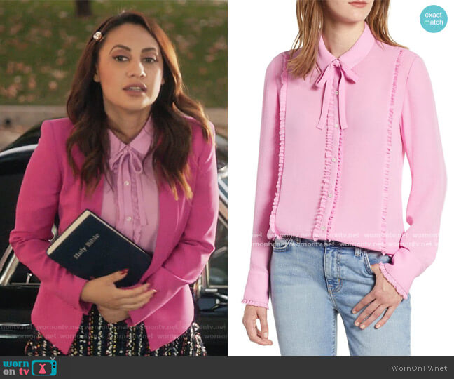 Scotch and Soda Ruffle Trim Tie Neck Top worn by Ana Torres (Francia Raisa) on Grown-ish