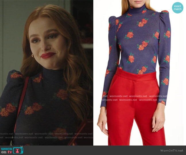 Smythe Floral Puff Sleeve Knit Top worn by Cheryl Blossom (Madelaine Petsch) on Riverdale