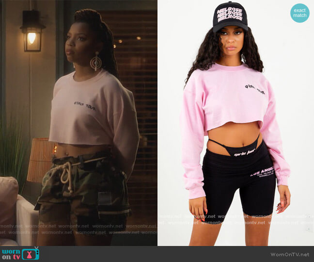 Sosorella Girls Tour Cropped Sweatshirt worn by Jazlyn Forster (Chloe Bailey) on Grown-ish