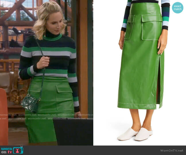 Staud Burn Faux Leather Midi Skirt worn by Mandy Baxter (Molly McCook) on Last Man Standing